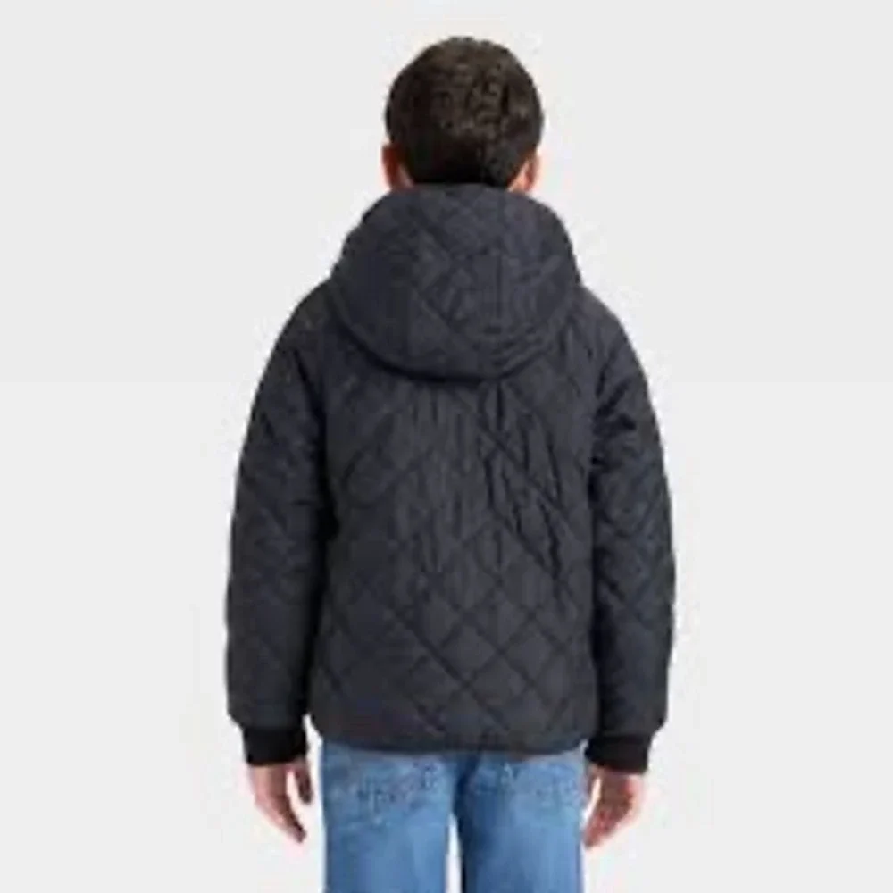 Cat & Jack Boys XL 14 Quilted Puffer Jacket Navy Blue Faux Fur Lined Hooded Coat
